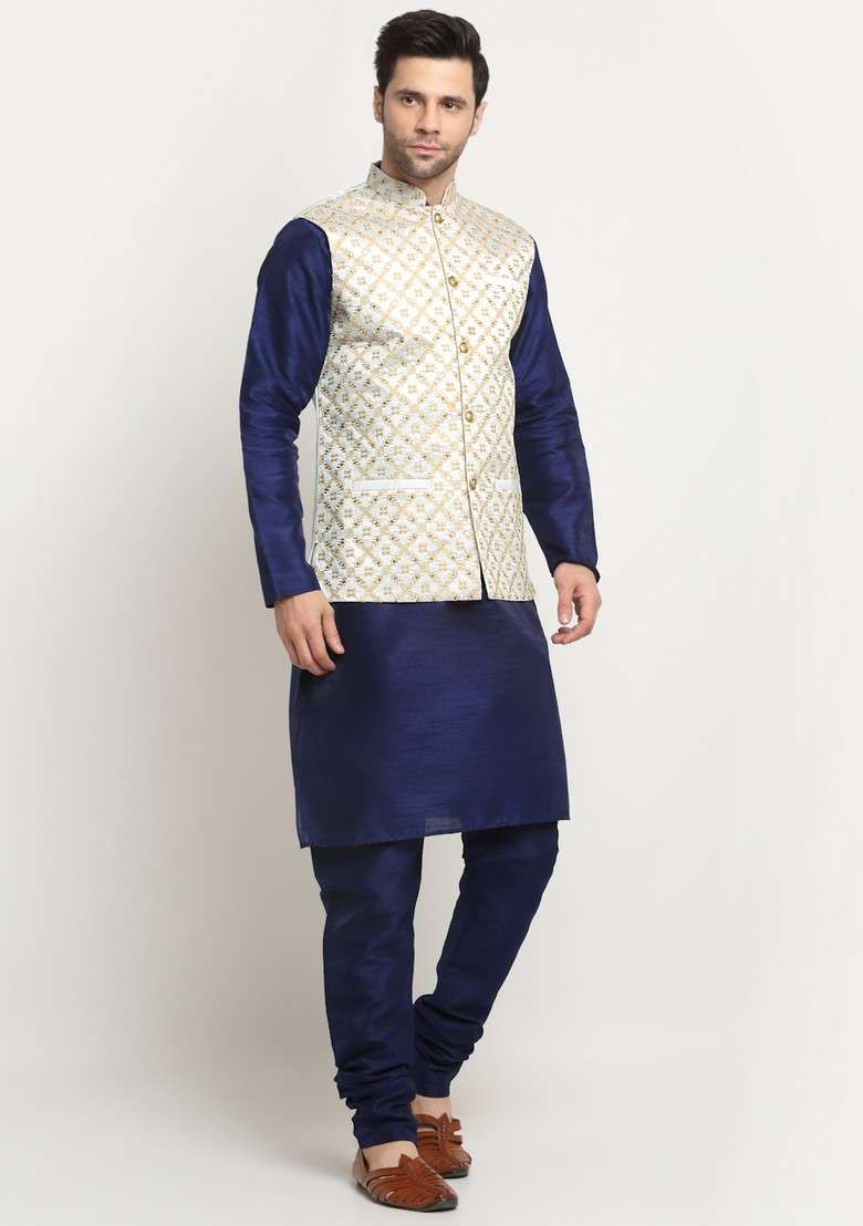 Navy Blue And Cream Embroidered Silk Blend Nehru Jacket Set For Men - Indya