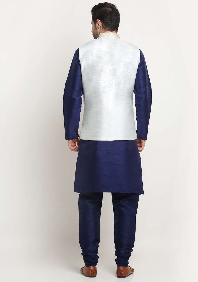 Navy Blue And Cream Embroidered Silk Blend Nehru Jacket Set For Men - Indya