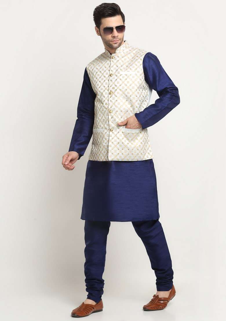 Navy Blue And Cream Embroidered Silk Blend Nehru Jacket Set For Men - Indya