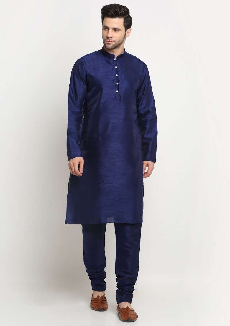 Navy Blue And Cream Embroidered Silk Blend Nehru Jacket Set For Men - Indya