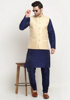 Navy Blue And Beige Embroidered Silk Blend Nehru Jacket Set For Men