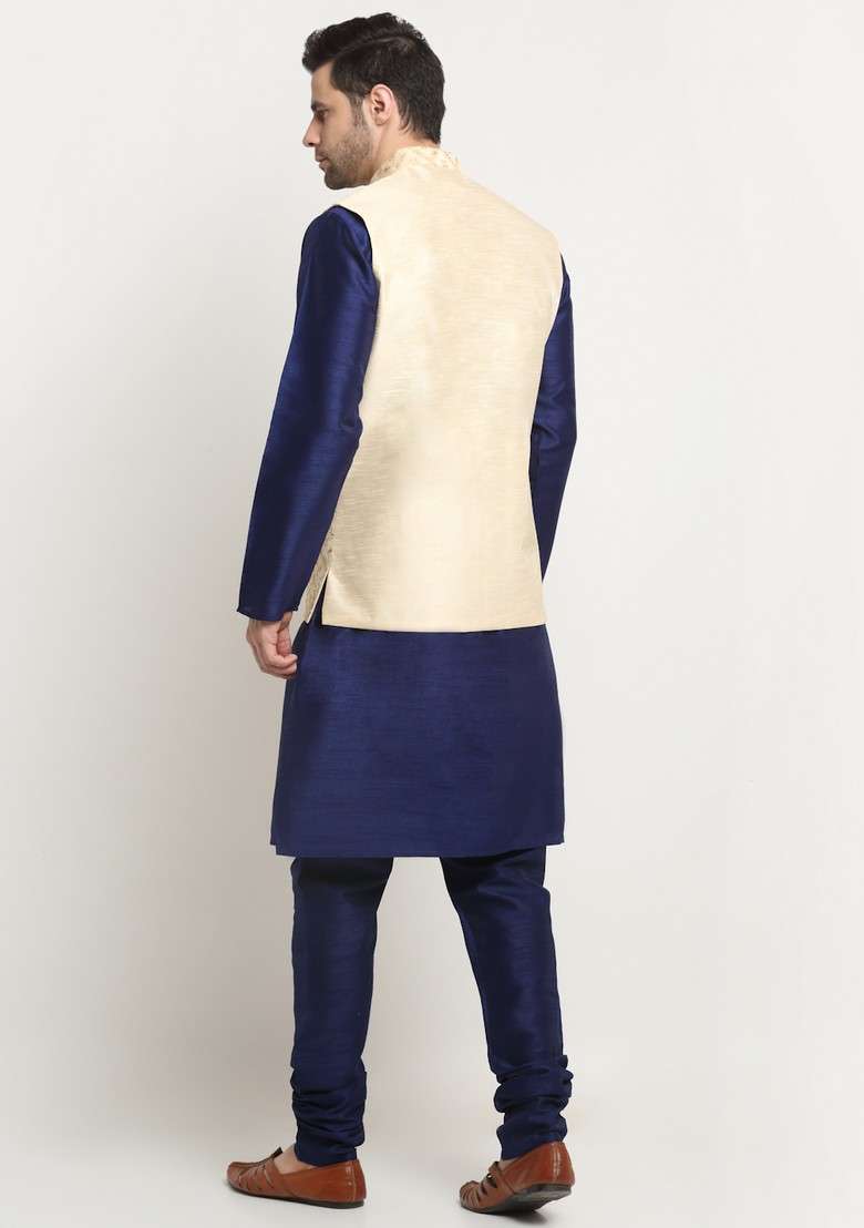 Navy Blue And Beige Embroidered Silk Blend Nehru Jacket Set For Men - Indya