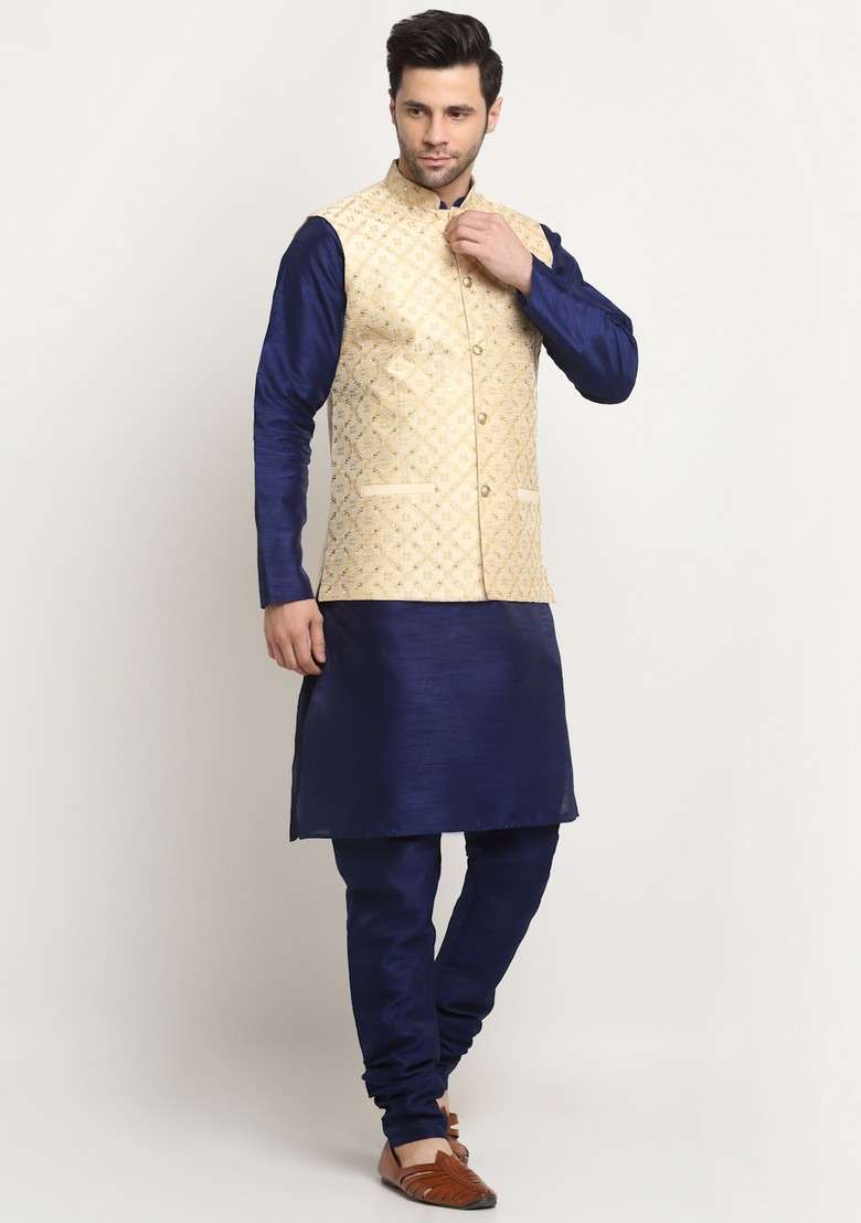Navy Blue And Beige Embroidered Silk Blend Nehru Jacket Set For Men - Indya
