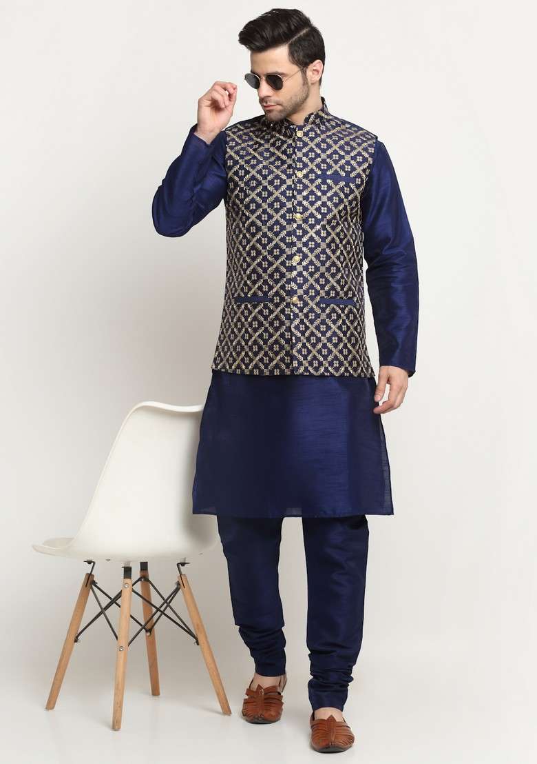 Navy Blue Embroidered Silk Blend Nehru Jacket Set For Men - Indya