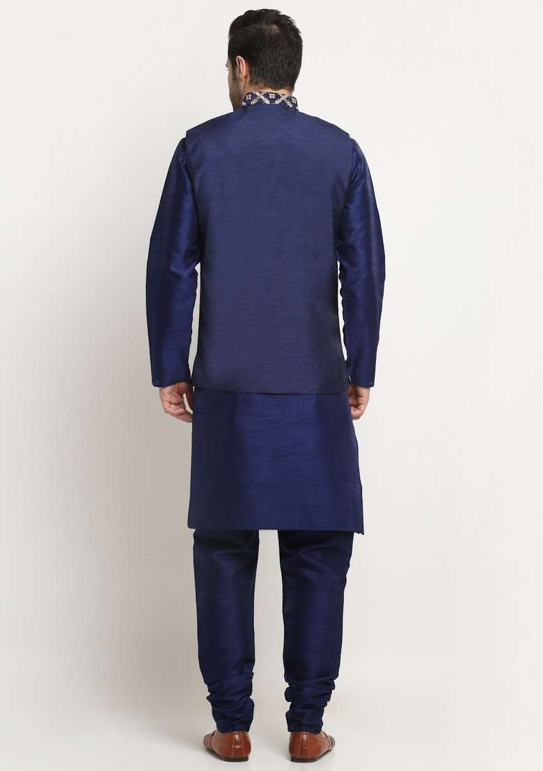 Navy Blue Embroidered Silk Blend Nehru Jacket Set For Men - Indya
