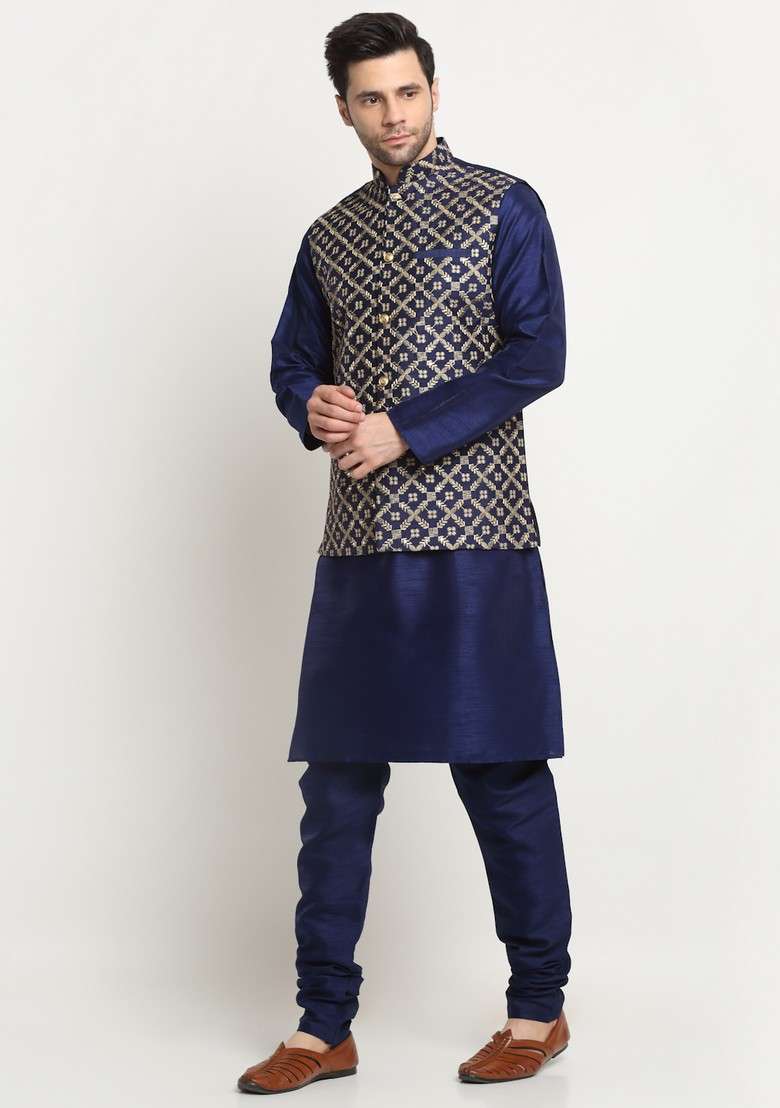 Navy Blue Embroidered Silk Blend Nehru Jacket Set For Men - Indya