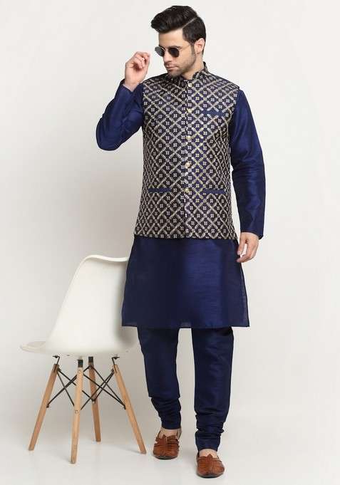 Navy Blue Embroidered Silk Blend Nehru Jacket Set For Men