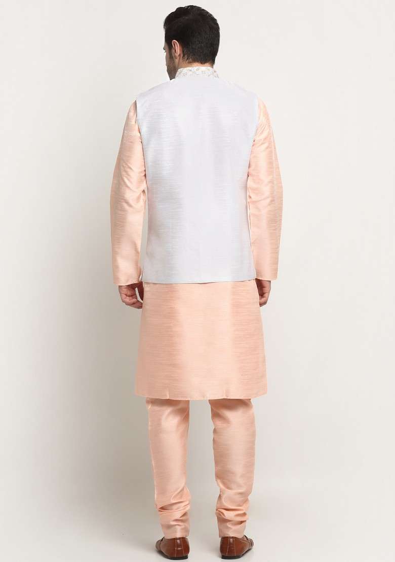Peach And Cream Embroidered Silk Blend Nehru Jacket Set For Men - Indya