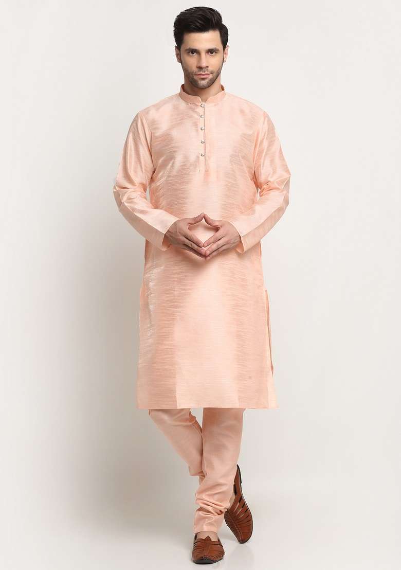 Peach And Cream Embroidered Silk Blend Nehru Jacket Set For Men - Indya