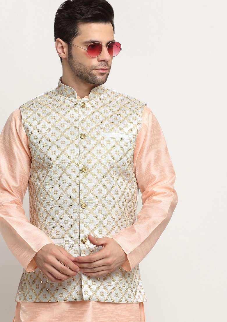 Peach And Cream Embroidered Silk Blend Nehru Jacket Set For Men - Indya