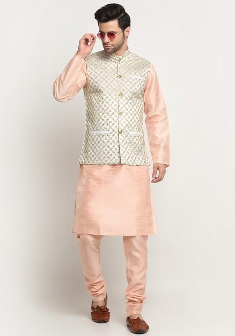 Peach And Cream Embroidered Silk Blend Nehru Jacket Set For Men