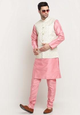 Pink And Cream Embroidered Silk Blend Nehru Jacket Set For Men