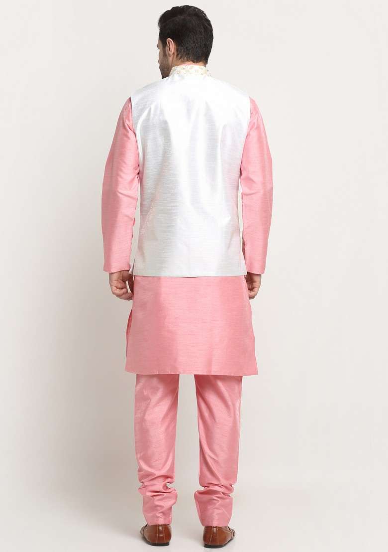 Pink And Cream Embroidered Silk Blend Nehru Jacket Set For Men - Indya