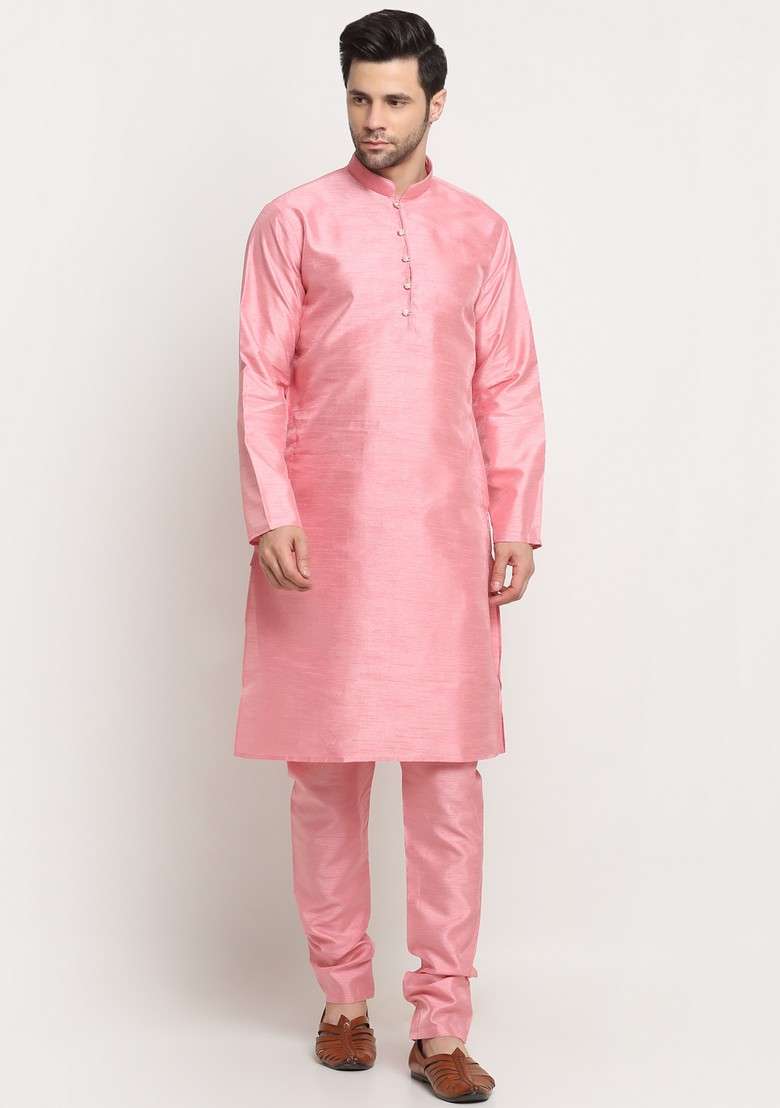 Pink And Cream Embroidered Silk Blend Nehru Jacket Set For Men - Indya