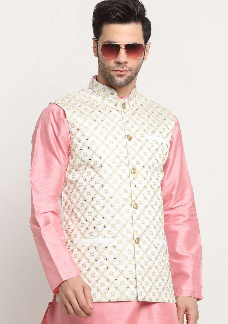 Pink And Cream Embroidered Silk Blend Nehru Jacket Set For Men - Indya