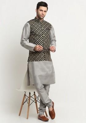 Silver And Black Embroidered Silk Blend Nehru Jacket Set For Men