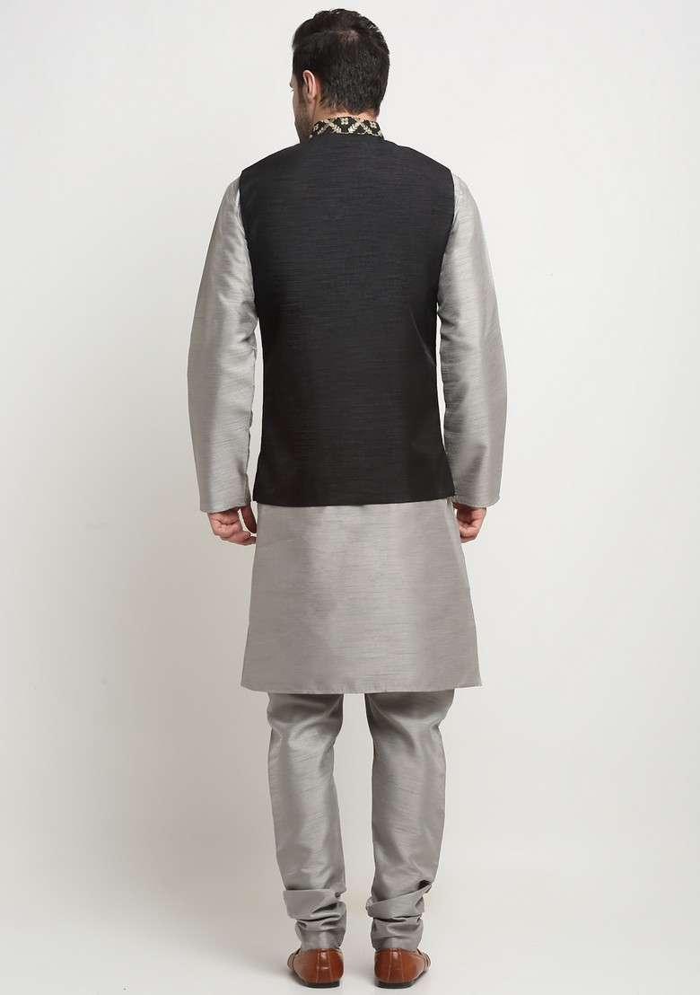 Silver And Black Embroidered Silk Blend Nehru Jacket Set For Men - Indya