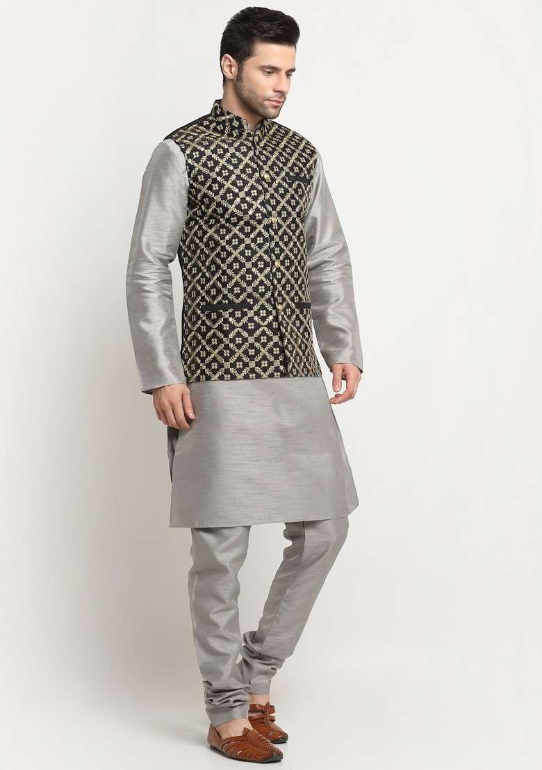 Silver And Black Embroidered Silk Blend Nehru Jacket Set For Men - Indya