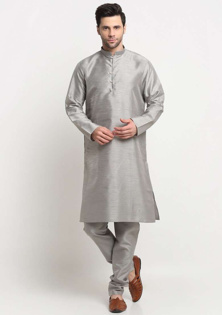Silver And Black Embroidered Silk Blend Nehru Jacket Set For Men - Indya