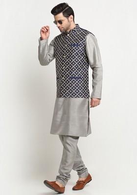 Silver And Navy Blue Embroidered Silk Blend Nehru Jacket Set For Men