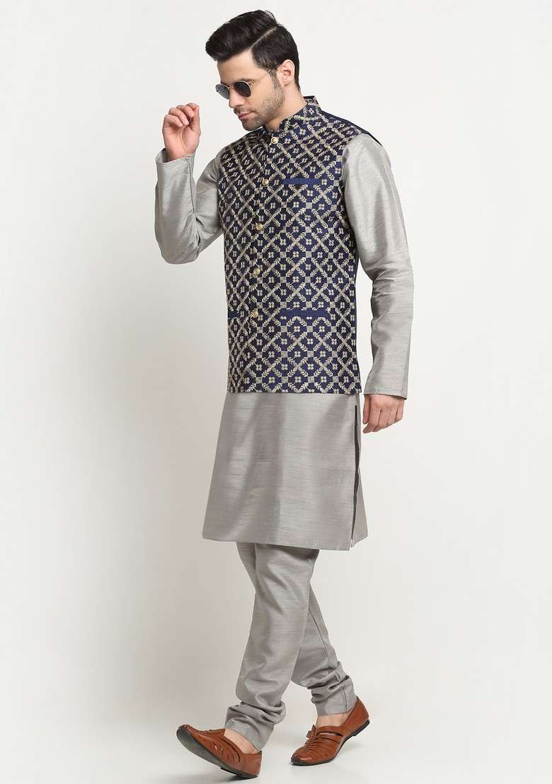 Silver And Navy Blue Embroidered Silk Blend Nehru Jacket Set For Men - Indya