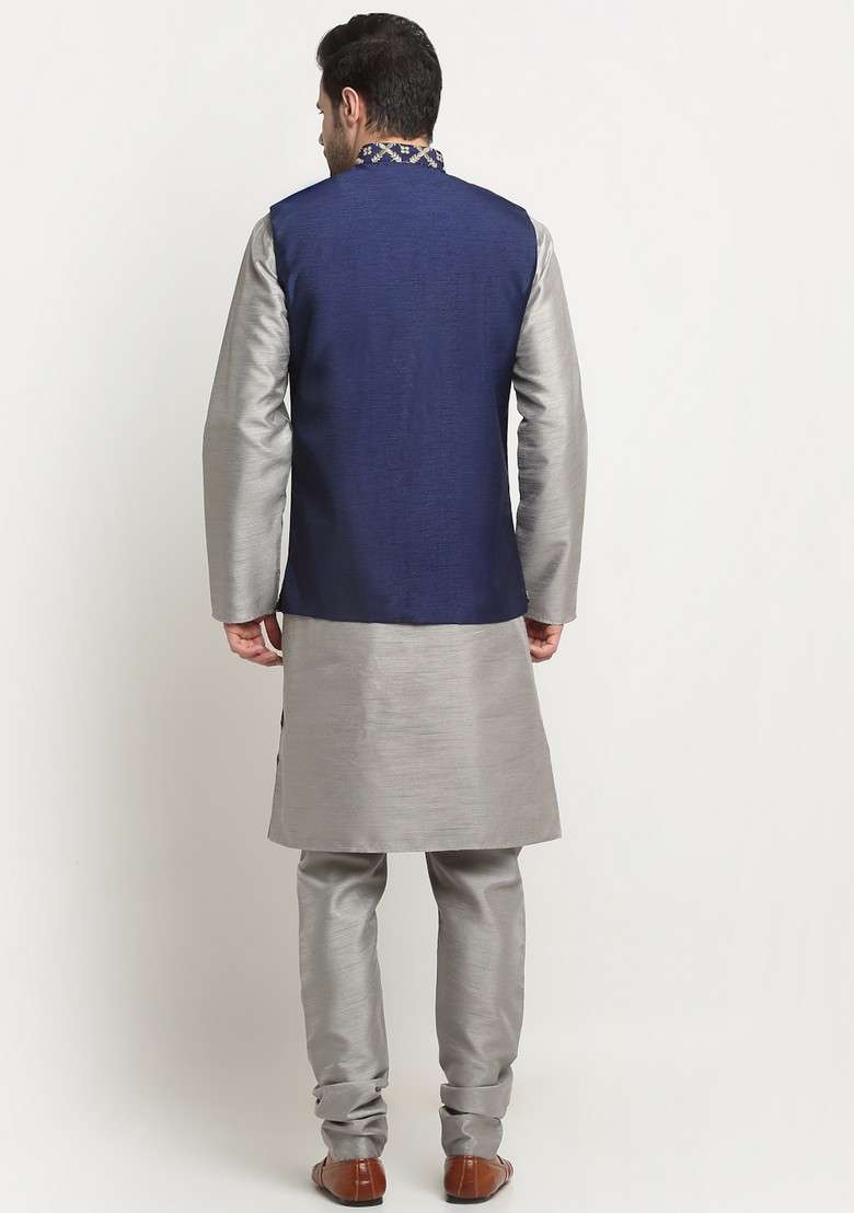 Silver And Navy Blue Embroidered Silk Blend Nehru Jacket Set For Men - Indya