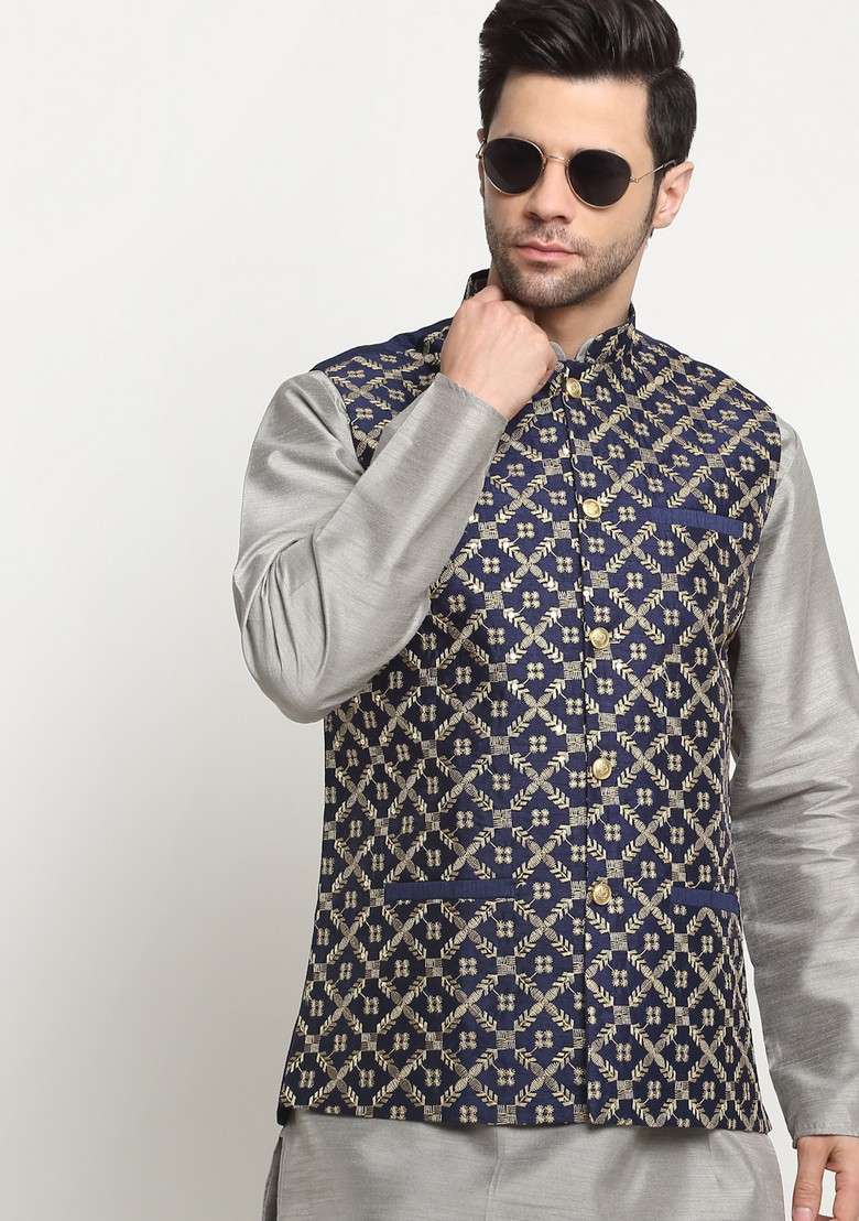 Silver And Navy Blue Embroidered Silk Blend Nehru Jacket Set For Men - Indya