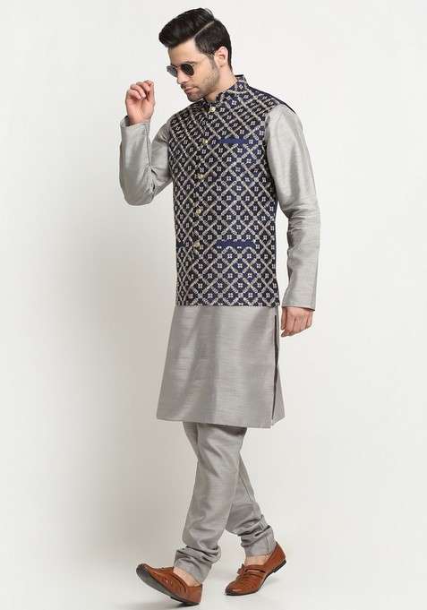 Silver And Navy Blue Embroidered Silk Blend Nehru Jacket Set For Men