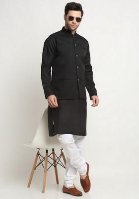 Black Solid Cotton Blend Nehru Jacket Set For Men