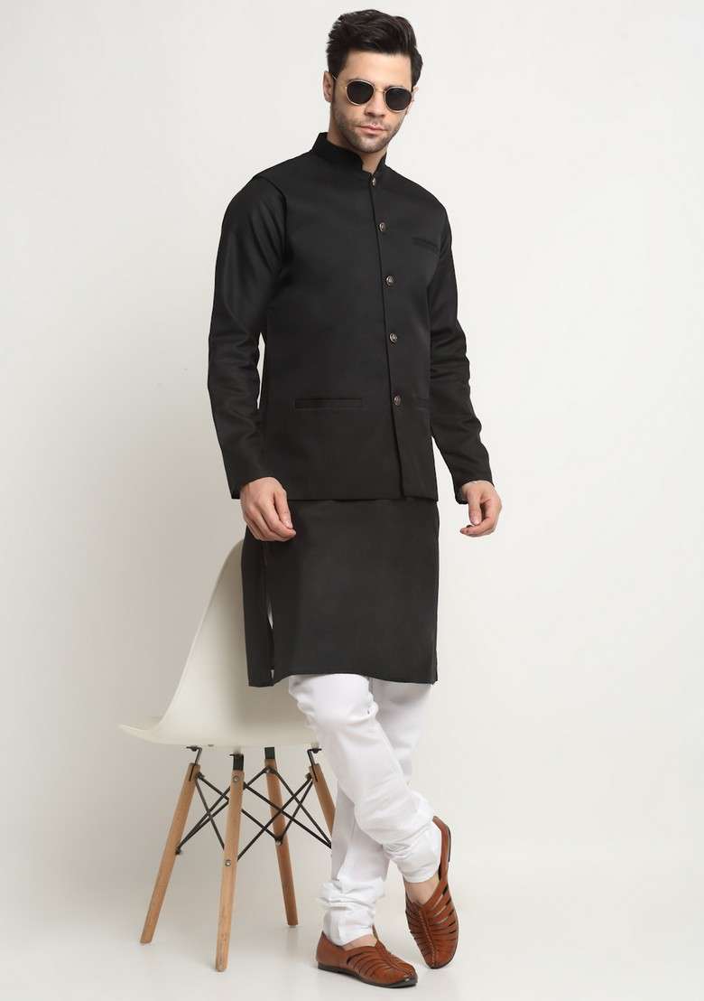 Black Solid Cotton Blend Nehru Jacket Set For Men - Indya