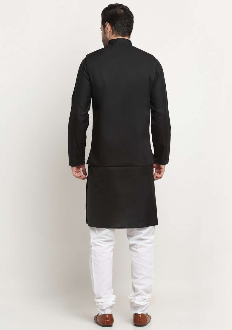 Black Solid Cotton Blend Nehru Jacket Set For Men - Indya