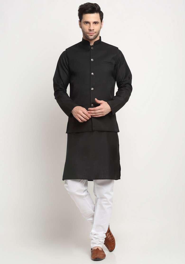 Black Solid Cotton Blend Nehru Jacket Set For Men - Indya