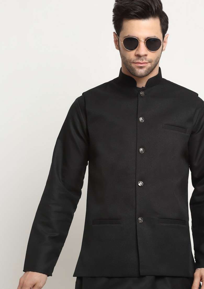 Black Solid Cotton Blend Nehru Jacket Set For Men - Indya