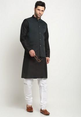 Black And Green Solid Cotton Blend Nehru Jacket Set For Men