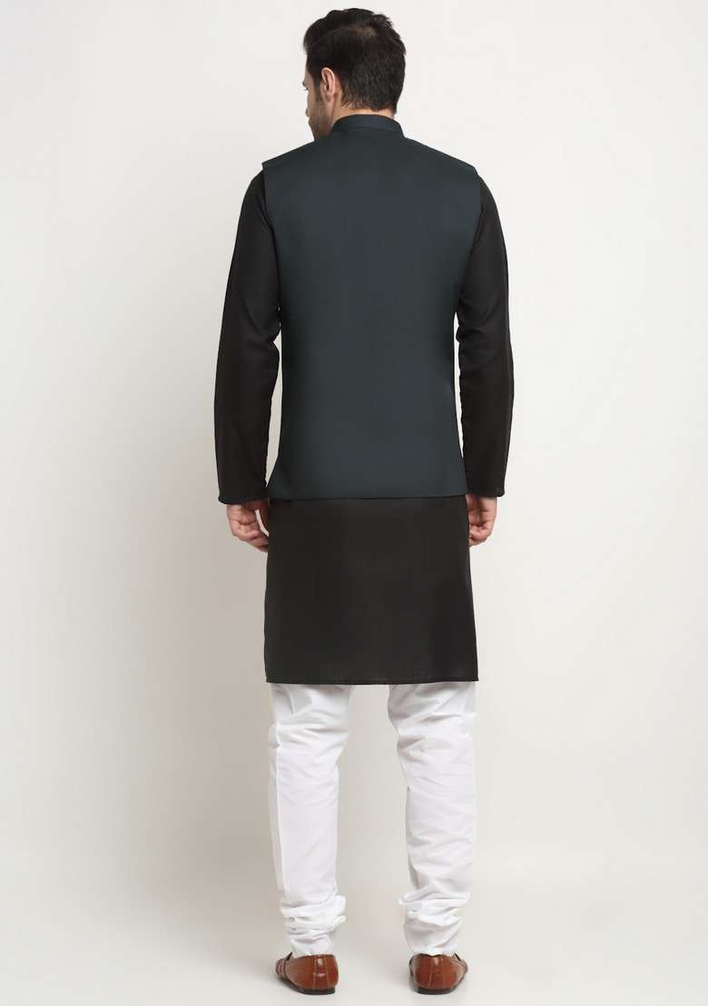 Black And Green Solid Cotton Blend Nehru Jacket Set For Men - Indya