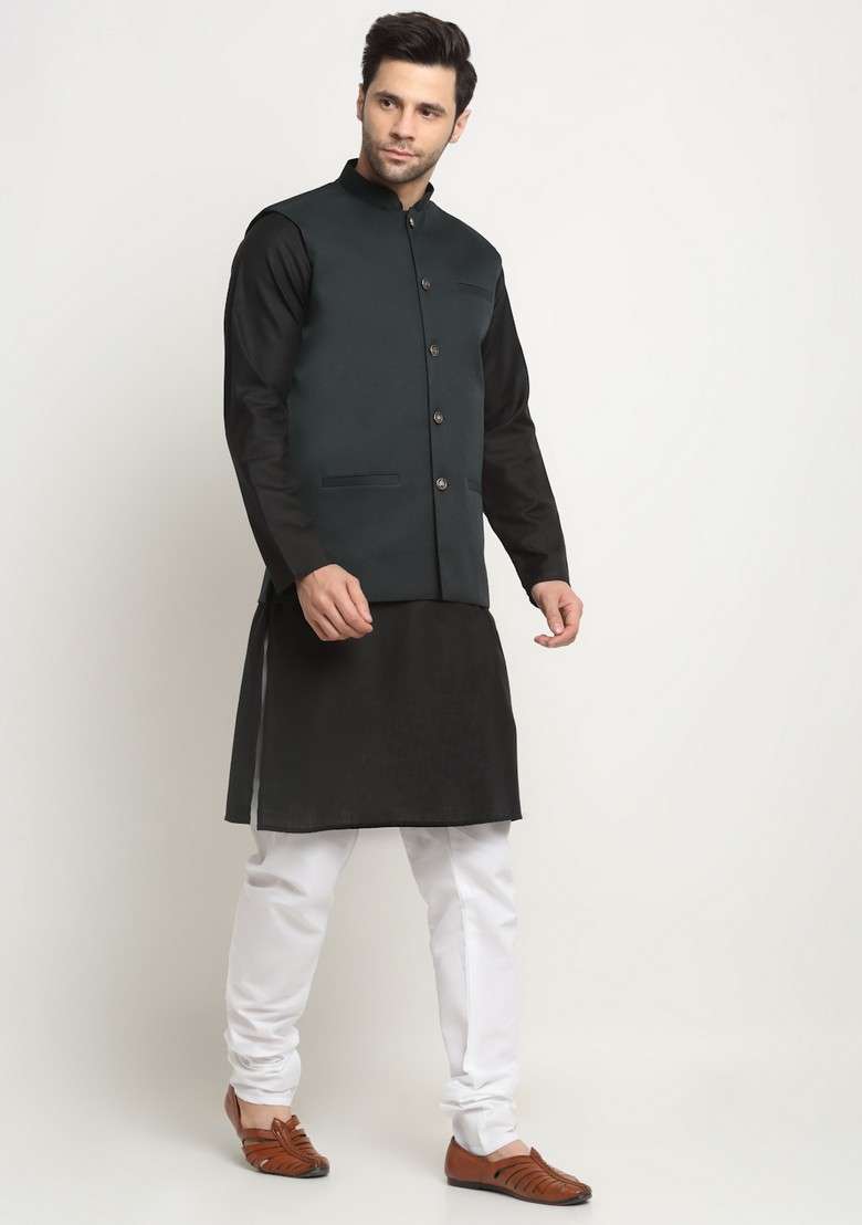 Black And Green Solid Cotton Blend Nehru Jacket Set For Men - Indya