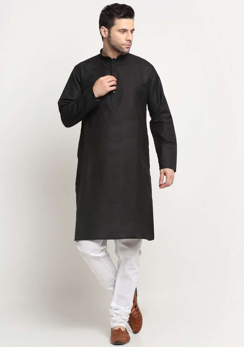 Black And Green Solid Cotton Blend Nehru Jacket Set For Men - Indya