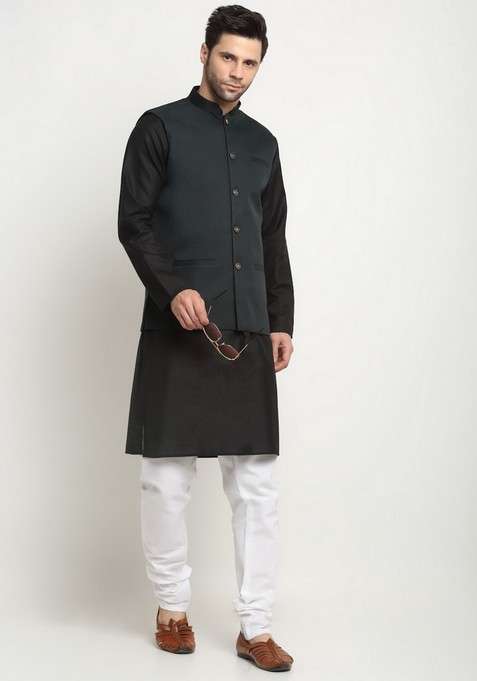 Black And Green Solid Cotton Blend Nehru Jacket Set For Men