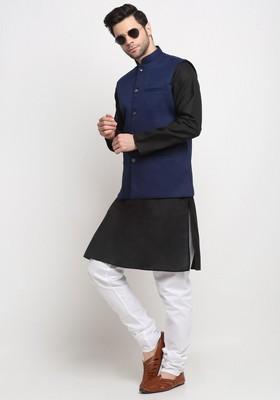 Black And Navy Blue Solid Cotton Blend Nehru Jacket Set For Men