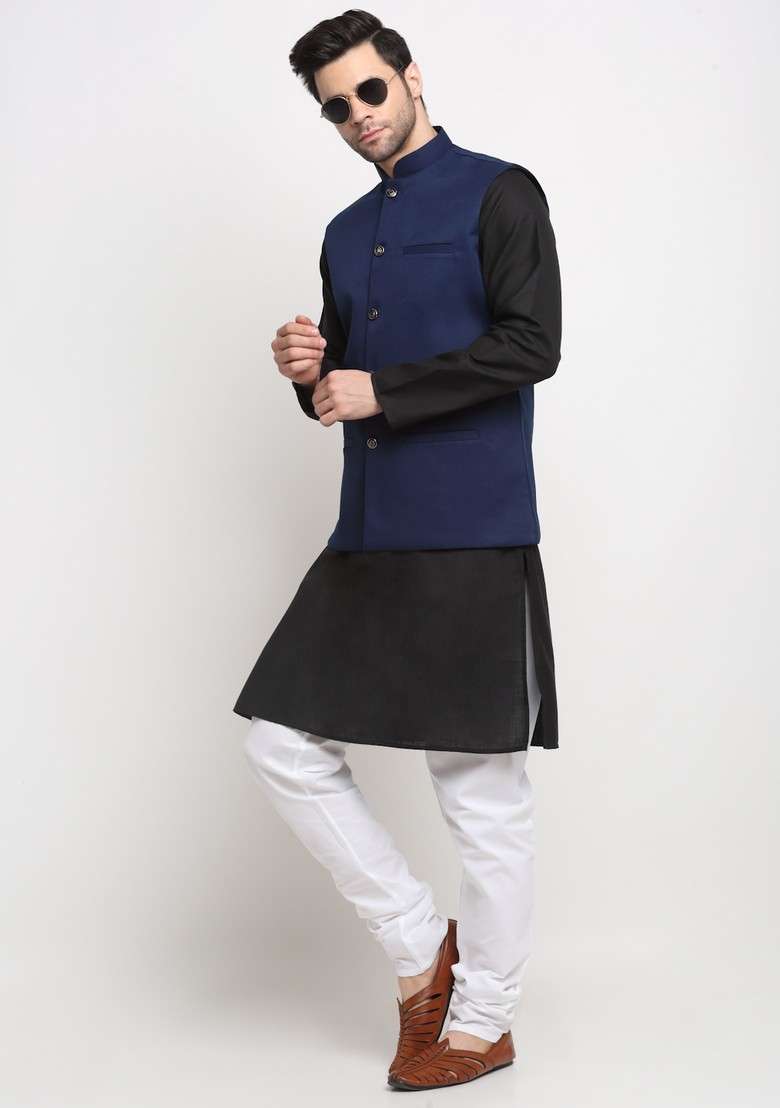 Black And Navy Blue Solid Cotton Blend Nehru Jacket Set For Men - Indya