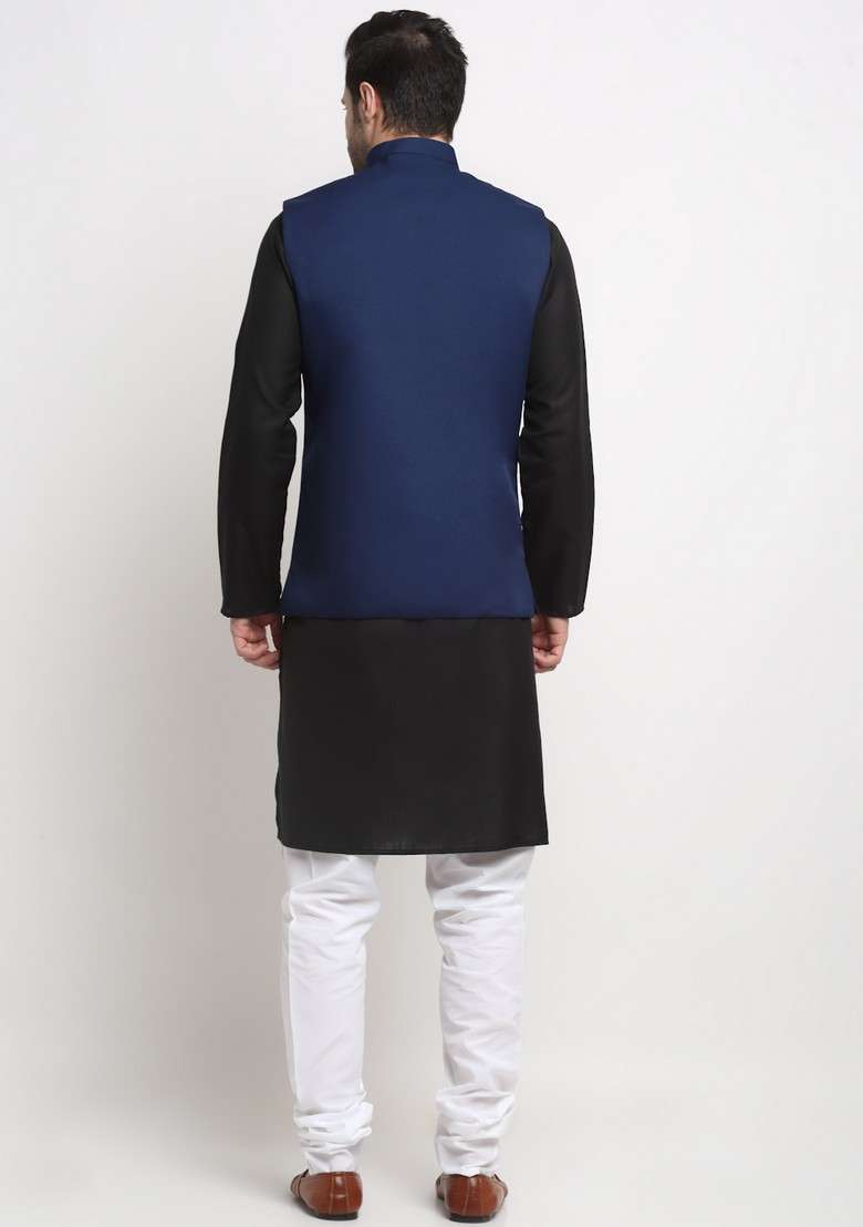 Black And Navy Blue Solid Cotton Blend Nehru Jacket Set For Men - Indya