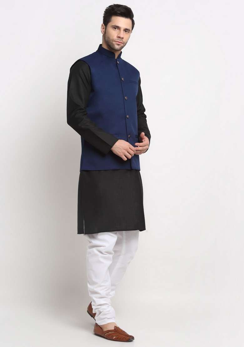 Black And Navy Blue Solid Cotton Blend Nehru Jacket Set For Men - Indya