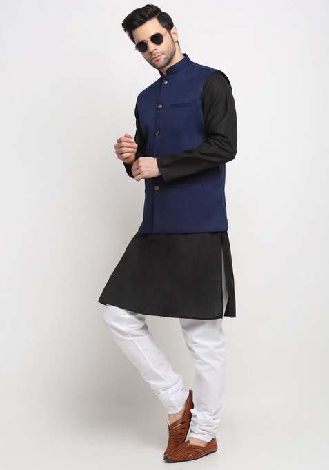 Black And Navy Blue Solid Cotton Blend Nehru Jacket Set For Men