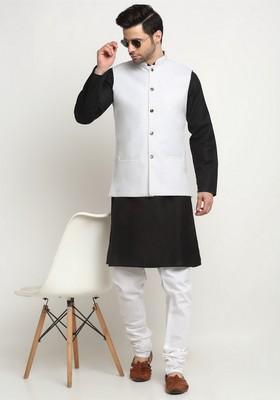 Black And White Solid Cotton Blend Nehru Jacket Set For Men