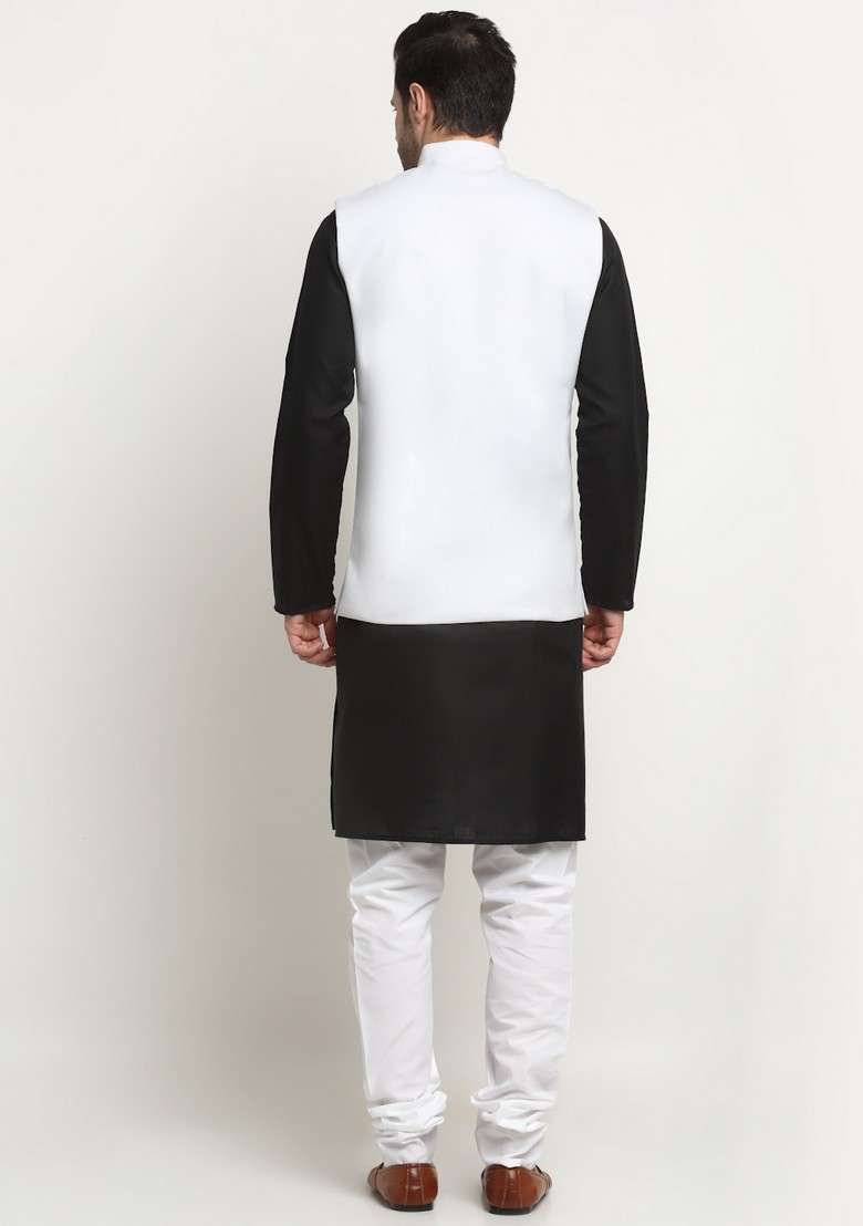 Black And White Solid Cotton Blend Nehru Jacket Set For Men - Indya