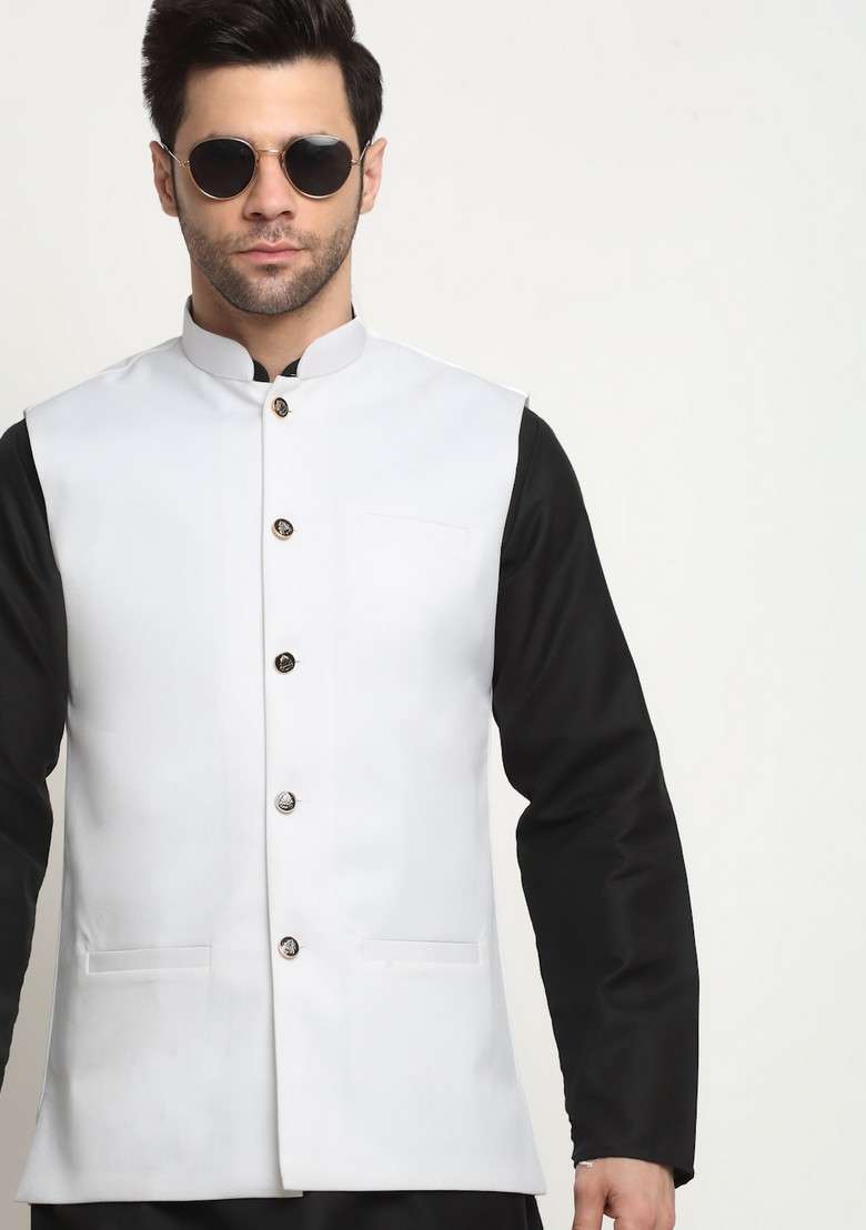 Black And White Solid Cotton Blend Nehru Jacket Set For Men - Indya
