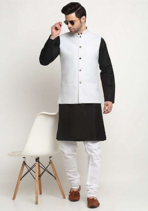 Black And White Solid Cotton Blend Nehru Jacket Set For Men