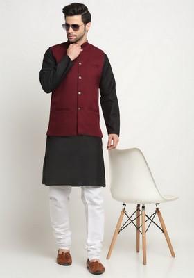 Black And Maroon Solid Cotton Blend Nehru Jacket Set For Men