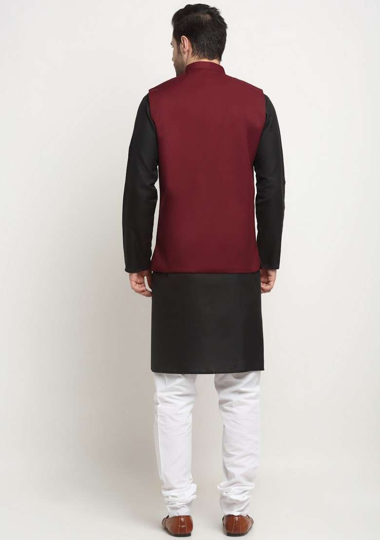 Black And Maroon Solid Cotton Blend Nehru Jacket Set For Men - Indya
