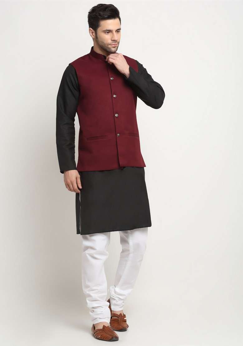 Black And Maroon Solid Cotton Blend Nehru Jacket Set For Men - Indya